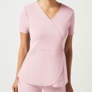 Jaanuu Scrub Set Blushing Pink Mock Wrap Tulip Top & Skinny High Waist Yoga Pant